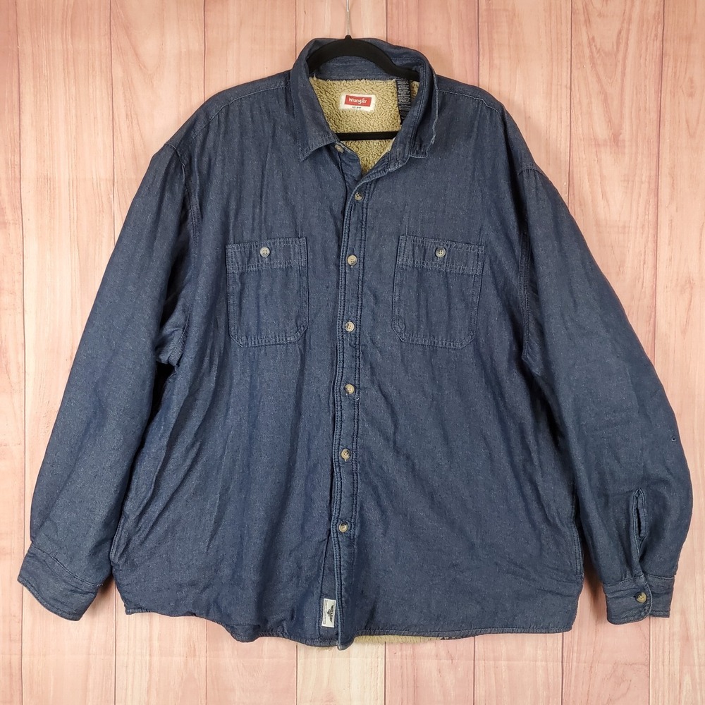 Wrangler Jacket Mens 2XL Blue Denim Shacket Sherpa Lined‎ Button Up